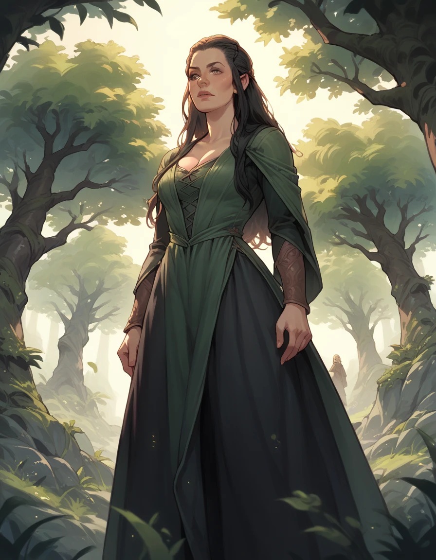 Tauriel, deep cleavage, standing in a forest trail, Tolkien, black hair, black pants, dress slit on both sides, view from below her knees