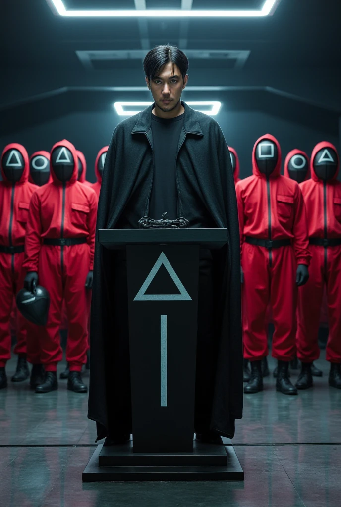 Create an exciting and futuristic scene inspired by a dystopian game setting, featuring a serious-looking man with short black hair and a dark cloak, standing confidently behind a podium decorated with geometric symbols (circles, triangles, squares). The man holds an elaborate black mask in one hand. Behind him, a group of masked guards in striking red uniforms stand in a row, their costumes featuring geometric shapes on their masks. The environment is a high-tech, modern room with reflective floors, neon lights, and an tense, cinematic atmosphere.