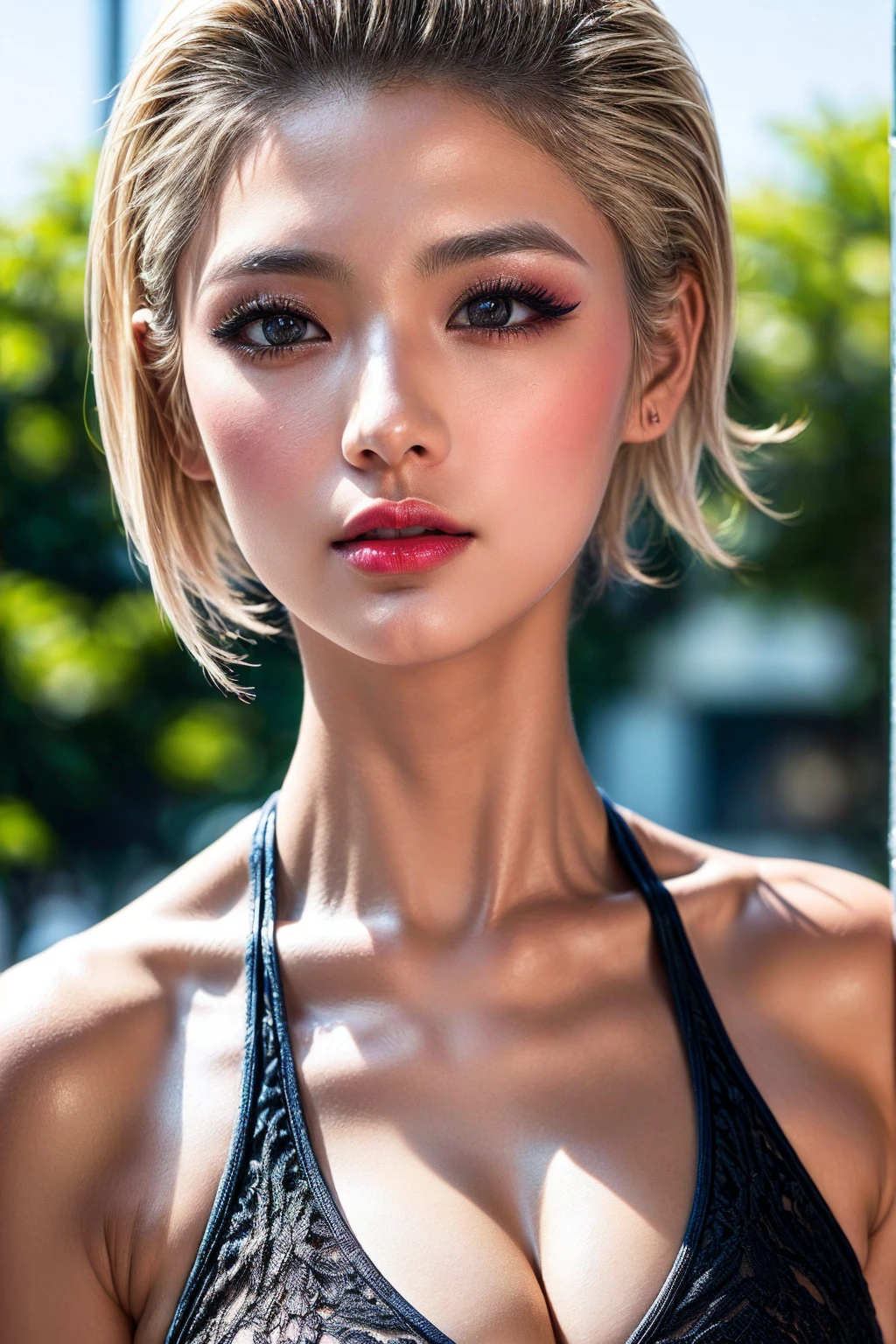 masterpiece, Highest quality, alone, One girl, Glowing Skin, Hoop Earrings, glamorous, Whimsical details, Slicked back hair, Fascinating, Bare shoulders, Crop top, Long trousers, Shallow depth of field, Contrasting, Professional models, Facing forward, Portraiture 、(Full Body Shot),((全身Completely ?????))、(((nsfw)))(Lighting on face:1.5)),((Upper Body:1.1)),((Delicately depicting the face:1.2)),((Blonde:1.5)),((Very short bob hair:1.4),(((Completely ?????))),(((nsfw))),(Bodybuilding Championship Winner),((whole body muscular:1.4)),((Girl with a toned body:1.4)),((A girl with amazing abs:1.5)),