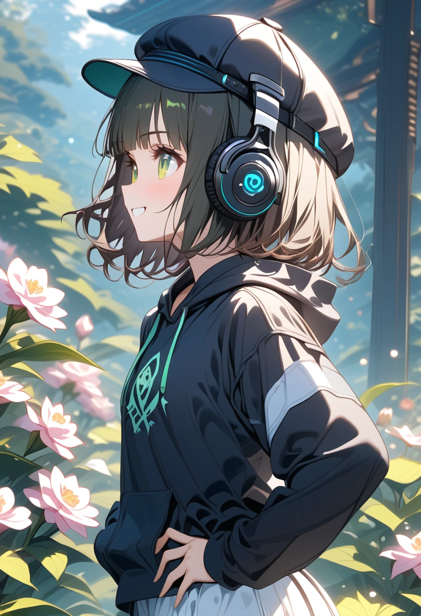 {{{masterpiece}}}, {{{ top quality}}}, {{ Ultra Details }}, { cute, detail eyes with dark dark hair},  from the side 1 girl , Alone, (black hair,bob cut,wavy hair),((green eyes)), (blunt bangs), (((black headphones))),((black hoodie))),((cabbie hat)),(white palazzo pants),((hands on own hips)),dynamic angle,from front,grin.white teeth,black hair,Midea,jade green eyes,flower garden