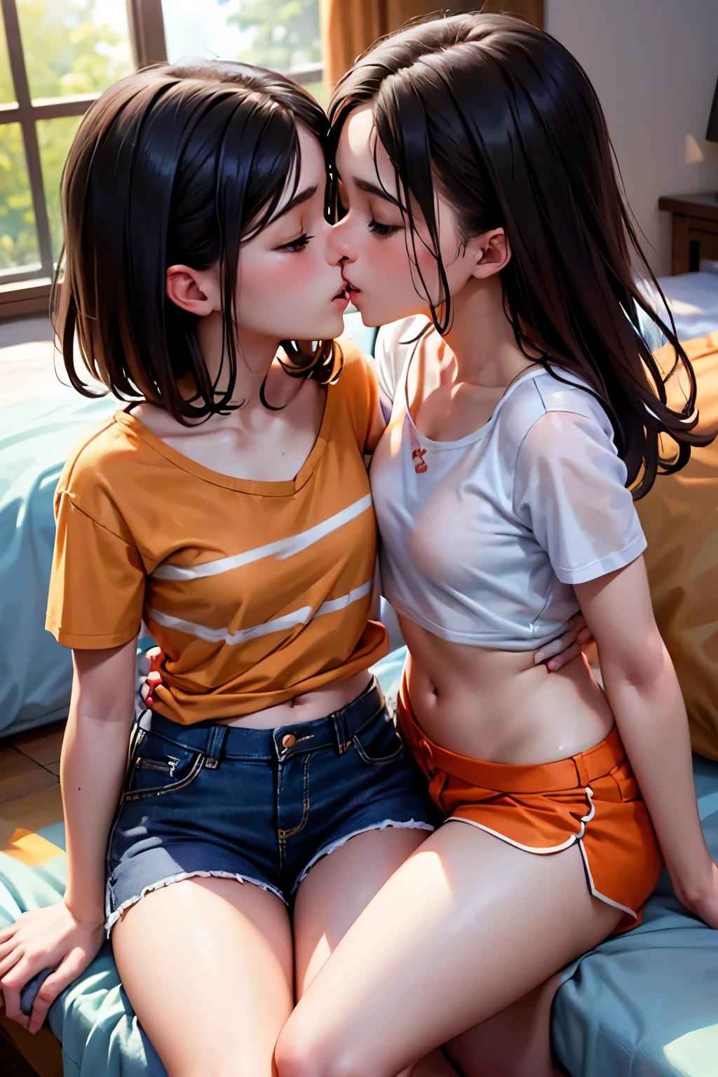 Amazing portrait of a young woman wearing white and orange striped t shirt and orange shorts and young boy wearing a navy blue t shirt and black shorts sitting on a bed together and kissing and making out passionately in a sexy and hot and lustful setting