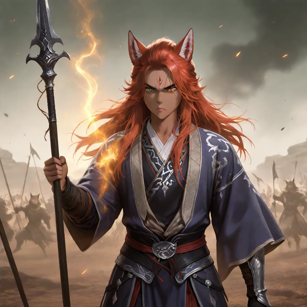 Young boy Kemono elf half beast, Your hair and fur are red,  fighting in the middle of a plain,  her clothes are torn and her armor in pieces ,  her expression is fierce and her eyes are serious ,  in her left hand she holds an impressive spear with a long blue fabric that wraps around it,  her other hand is in a claw shape ,  her red hair wobbles in the wind ,  dark skin under the red fur , deep green eyes , iris feral,  animal ears , wolf ears,  body hair , Alone,  Battlefield,  magic and shadows in the background ,  long hair , by the bodies, Alone, 1 man. humanoid face.