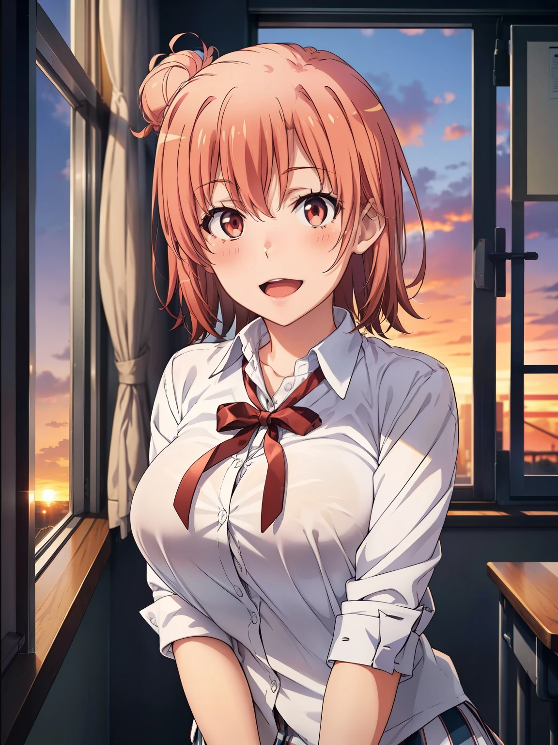 (( top quality, high definition, perfect pixel, 4K)), ( beautiful anime girl ), depth of field、
Watching Viewers ,
perfect body,
yuigahama yui、
school uniform, white shirt, blazer, neck ribbon, open jacket, plaid skirt,
(smile、 open your mouth、blush:1.2)、
(Big Breasts、 tight shirt 、focus breasts:1.2)、
school classroom 、window、curtain、Sunset、