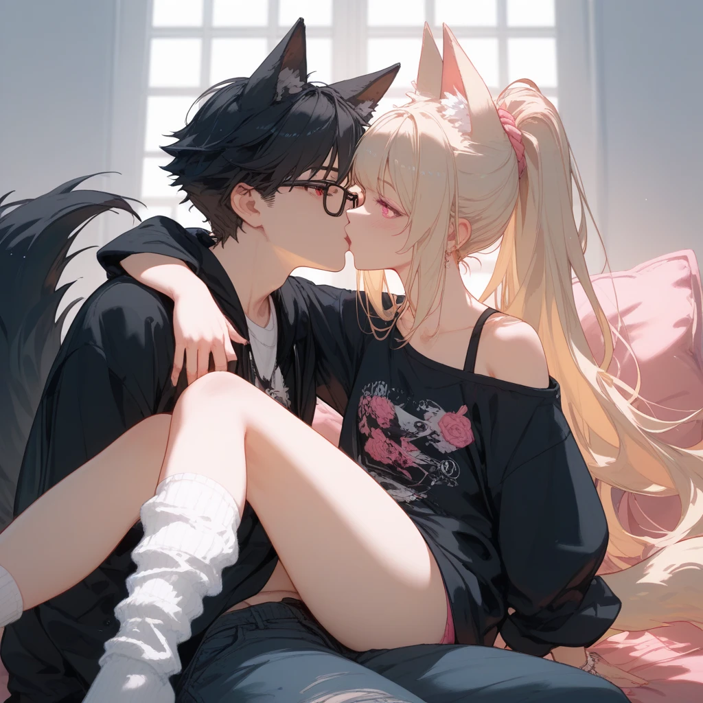 A short blonde cat girl with pink eyes, long hair in an oversized pink long shirt with short sleeves and long white and pink knee high socks, kissing a tall, black and white haired guy with wolf ears, a black wolf tail, glasses, one with red eyes and the other with yellowish green, wearing loose black clothes, long black hair and part of it in a ponytail, and it was a cartoon image.