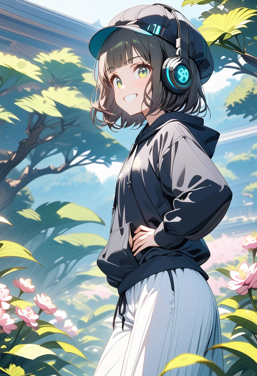 {{{masterpiece}}}, {{{ top quality}}}, {{ ultra detail }}, { cute, detail eyes with dark dark hair},  from the side 1 girl , Alone, (black hair,bob cut,wavy hair),((green eyes)), (blunt bangs), (((black headphones))),((black hoodie))),((cabbie hat)),(white palazzo pants),((hands on own hips)),dynamic angle,from front,look at viewer,grin.white teeth,black hair,Midea,jade green eyes,flower garden