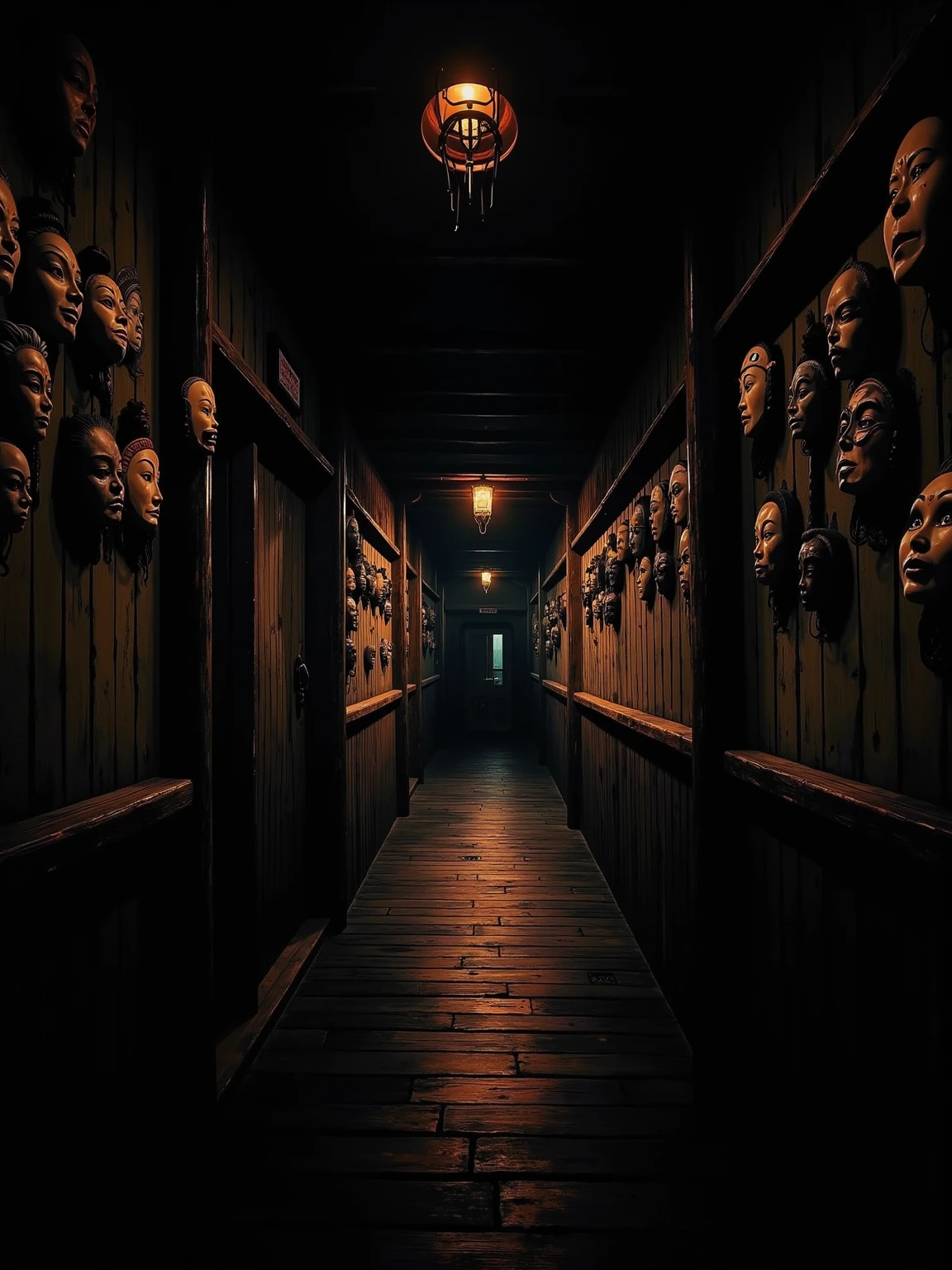 (masterpiece:1.3, UHD:1.2, highres:1.3, top quality, clarity:1.3), A dark and scary Japanese mansion:1.3, A wooden corridor leading into darkness:1.3, Countless Japanese masks are hanging on the walls:1.3, 8k wall paper:1.3