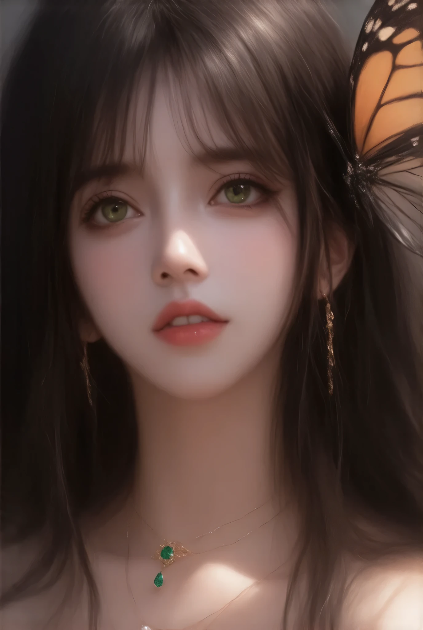 Create a hyper-realistic portrait of a young woman with enchanting features. She has long, flowing hair that is a dark brown with hints of red, accentuated with delicate accessories such as beads and strings of pearls. Her mesmerizing green eyes should convey a sense of mystique, framed by long eyelashes.

Her face is adorned with intricate jewelry, including a jeweled forehead piece and cascading beaded chains that hang gracefully down her cheeks. 

She is wearing a lavish necklace made of colorful gemstones, including emeralds and rubies, with delicate golden accents. 

Additionally, include two vibrant butterfly wings positioned playfully in her hair, showcasing shades of turquoise and pink. wearing gold earrings.

The background should be softly blurred to emphasize her features, creating a dreamlike atmosphere. The overall lighting should be soft and ethereal, highlighting her skin's natural glow.