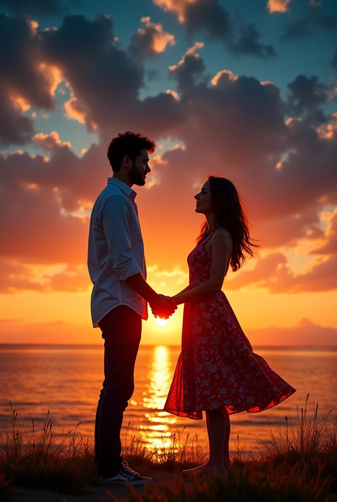“Create a serene and romantic scene set on Marine Drive, the iconic seafront of Mumbai, during sunset. A stylish 25-year-old North Indian woman, Priya, is sitting close to a 27-year-old South Indian man, Raj. The sun is setting in the background, casting a warm, orange glow over the scene, while the city lights begin to twinkle in the distance. Raj is gently offering his jacket to Priya, who accepts it with a grateful smile. They are both seated on the edge of the seawall, watching the waves crash softly against the rocks. Their body language should reflect a quiet connection, with subtle hints of affection as they sit close to each other, lost in the moment. The atmosphere should be calm and romantic, with intricate details in the reflections of the city lights on the water and the soft glow of the sunset.””Realistic, intricate details, vibrant colours.
