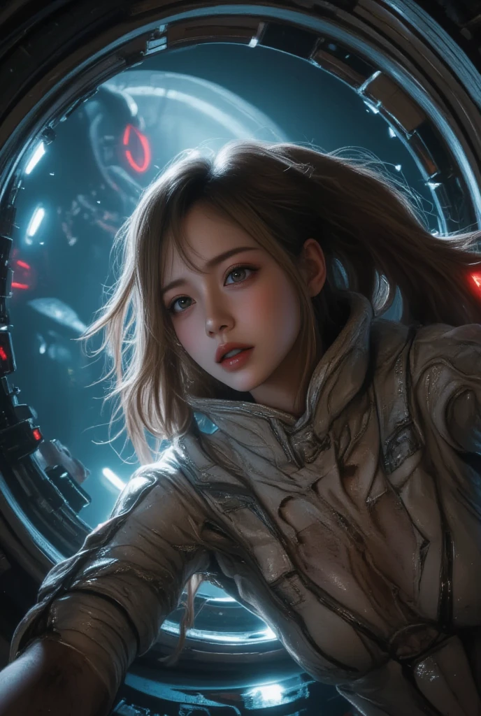 A stunningly beautiful woman in a torn spacesuit, floating in a dimly lit space station. Her expression is a mix of fear and determination as she is being pursued by a terrifying alien creature lurking in the shadows. Her spacesuit is visibly damaged, with rips exposing parts of her skin, showing the severity of her perilous situation. The environment around her is futuristic, with flickering lights, metallic walls, and scattered debris floating in zero gravity. The alien is partially visible in the background, its menacing silhouette emphasizing the tension. The lighting is dramatic, with a cool blue glow contrasting with red emergency lights, creating a cinematic and intense atmosphere. Highly detailed and photorealistic.