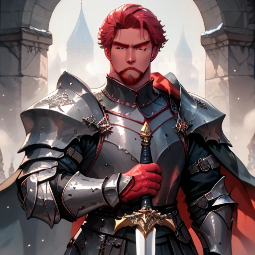 1 male, tall, muscular, frown, black short hair, crimson eyes, no beard, handsome, cold, black armor with silver details, sword in hand, chaotic background, medieval, fantasy