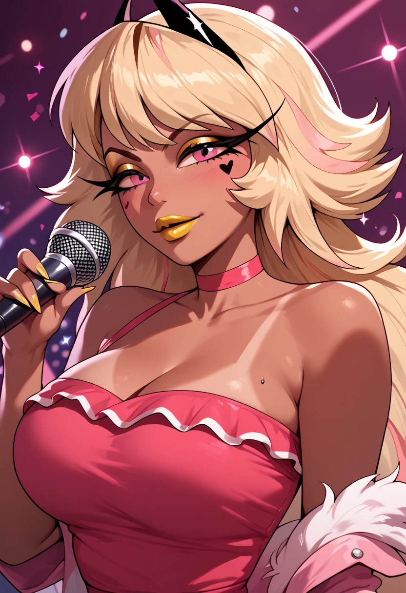 woman, big breasts, yellow lipstick, anime style, blonde hair, tanned skin, pink blouse, pink eyes, show, singer, Verosika, human, Helluva Boss