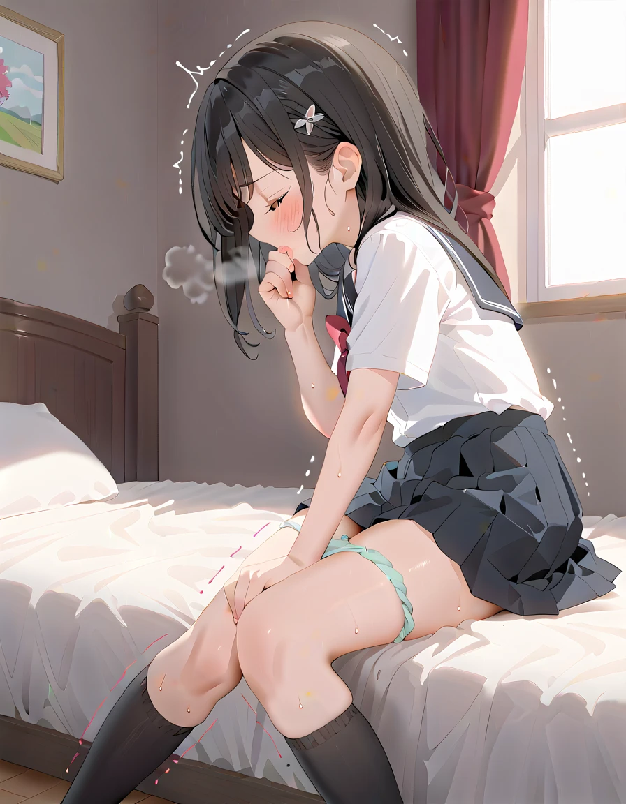 (masterpiece,beautiful,hughres,CG,8k,16k,best quality,high-resolution,detailed fingers,detailed hands,detailed legs,detailed eyes:1.5),anime,source anime,illustration,face focus,(from side:1.6),(2girls:1.5),(evening,indoor,one&#39;s home,bedroom:1.5),(sunset:1.3),shadow,(on the bed:1.4),(head down:1.2),(girl on the left(white hair):1.4),(girl on the right(black hair):1.5),( thighs:1.4),(school uniform,white shirt,pleated skirt,black skirt,black thighhighs:1.3),(panties pull,panty pull:1.3),small breasts,sitting,(My legs,knees to chest,folded,knees together feet apart:1.4),leg up,(profile:1.2),(back-to-back:1.5),hand over own mouth, covering own mouth,(female masturbation:1.4),( fingering:1.2),(female orgasm, female  :1.4),(pussy juice:1.2),(trembling:1.4),(gasping,heavy breathing,blush:1.5),(impatience1.1),flustered,(fidgeting around:1.4),(steam:1.2),(sweat skin,sweat:1.4),(streaming tears:1.3),(drooling:1.1),(looking away:0.5),(looking down:1.4),(spoken heart:1.3),(closed eyes:1.6),open mouth