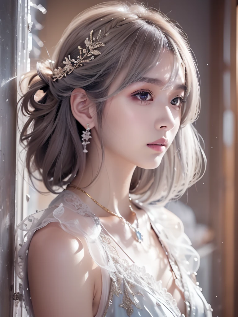  Purple Lace Song     &   good, (((   Very Elegant and Beautiful ,  perfect detail,    very detailed))), whole body,    The most detailed girl   ,   Depth of the Boundary , 美しく詳細なwhole body, Thin legs,    1 girl, 30 years old,    very short hair  ,   spike hair ,    Put the ,    beautifully detailed hair   ,  完璧なface,   expressionless, Beautifully detailed deep eyes,      gold ornament on the chest of your right hand in your mouth with gray and silver hair、Gold Wall  ,   Delicate arms and hands  ,   blue-white skin,   Earrings for single women ,    beautiful nice necklace   ,   colorful background, HD Backgrounds,    blurry background ,     very delicate and beautiful   ,   Masterpiece , (((    Top Quality ,     very beautiful 8K CG Wallpaper  ))), (((  Trendy hairstyle))), ( face,   stylish interior  ,   window  ),