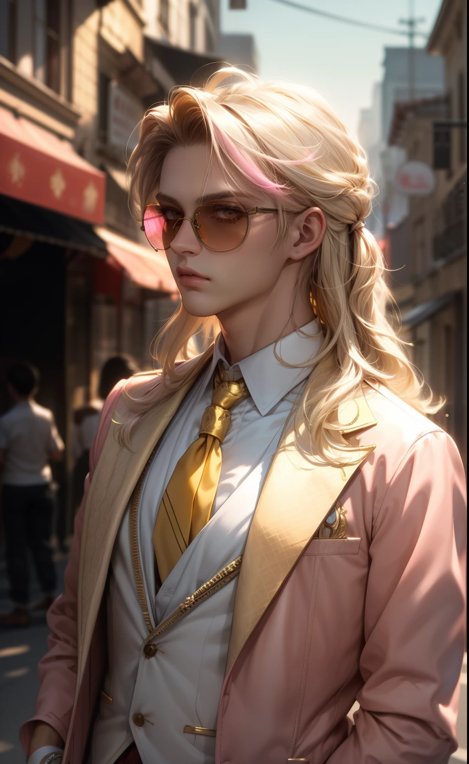 (masterpiece,best quality,ultra_detailed,highres,absurdres),1boy, male focus, solo, blonde hair, long hair, pastel pink jacket, white shirt, ((fancy clothes:1.0)) golden necktie, necktie, city background, pink sunglasses, upper body, vest, long hair, looking at viewer, parted lips, round eyewear, long sleeves, gucci clothes (looking front:1.2)