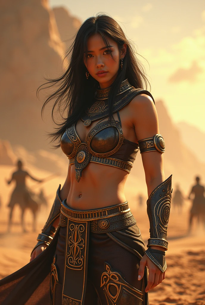 (masterpiece, best quality, oil painting, Greg Rutkowski style:1.4), Rani Durgavati, intense gaze, (bejeweled traditional armor:1.1), wielding a mighty bow, battlefield backdrop, Gondwana warriors, charging elephants, dusky sky, rich texture, dynamic brushwork, warm colors, determined, extreme close-up.