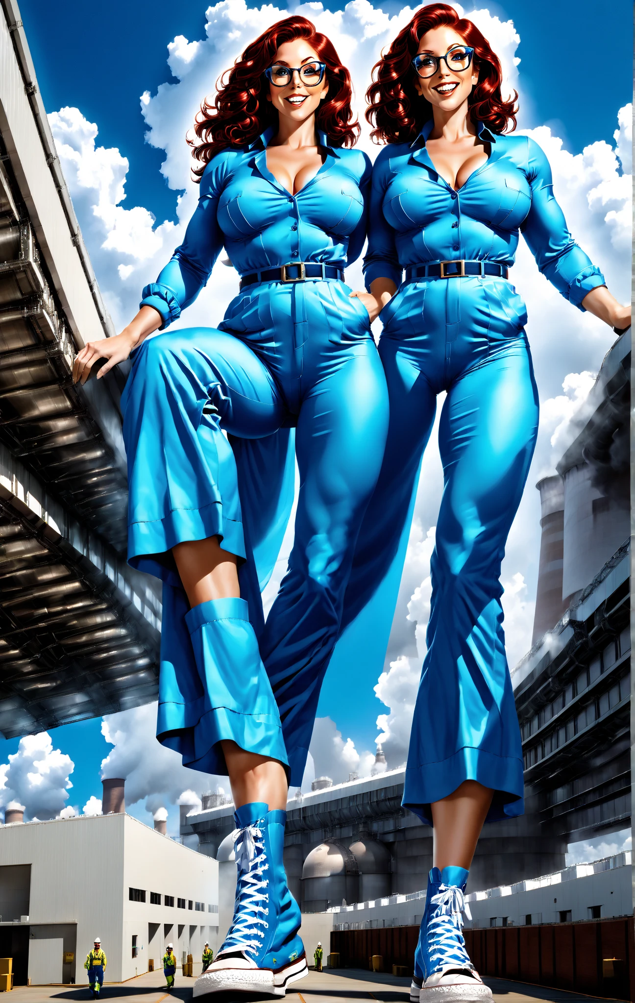 Woman, 30 years old. Nuclear scientist. Labcoat and glasses. Dark red hair. Irradiated by a radiation leak at nuclear power plant. Iridescent blue glow. She is transforming, growing into a 80ft tall giantess. Her muscles tighten and bulge. Her limbs lengthen and hips widen. Her breasts swell to enormous proportions. She grows through the roof of the containment building. Feeling powerful, strong,  sexy. 