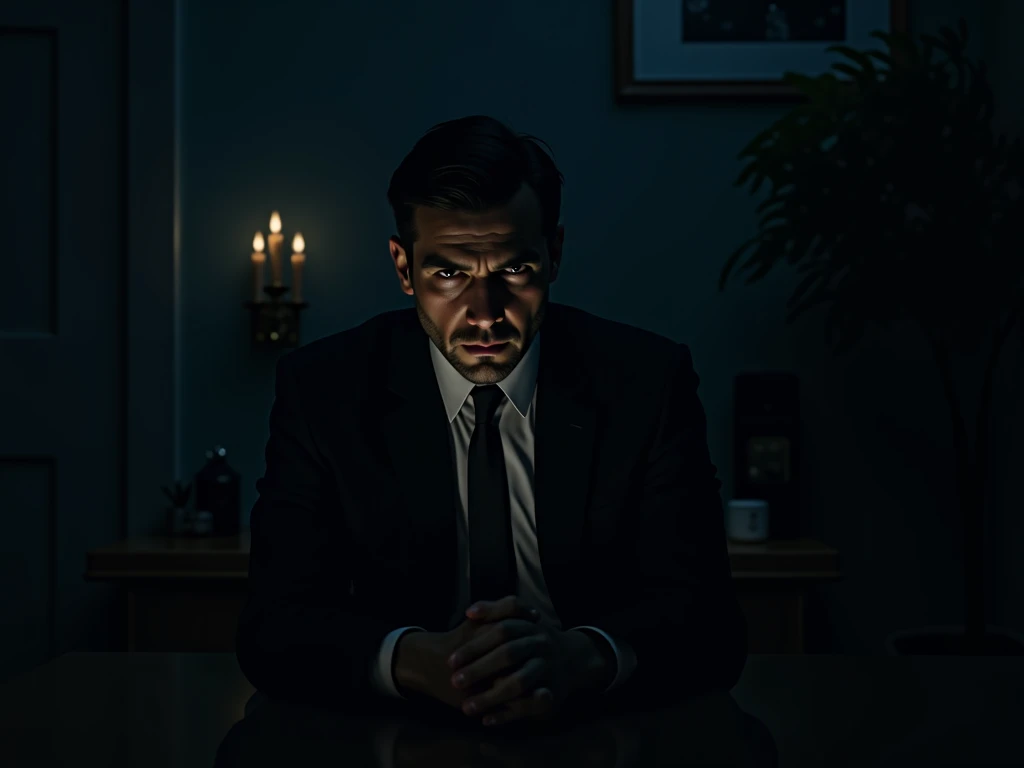 A man thinking in suit in middle of night 