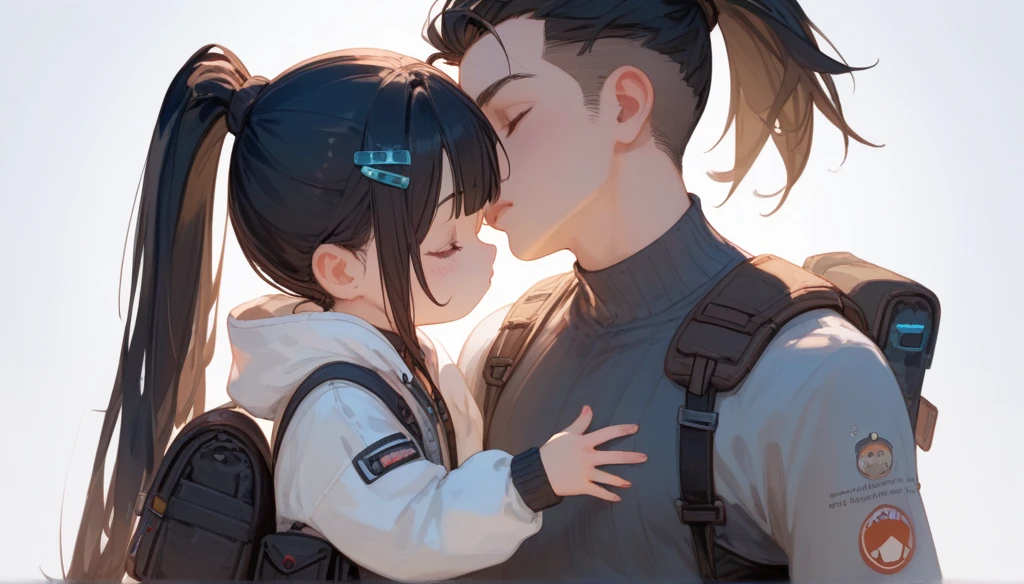 "A young boy with bright black hair , bright skin, and the soft expression , wearing future clothing , grey clothes.  The boy kissing a girl , ponytail , pouch , belt .  The white background , gives full focus to the character of the boy , cute chibi , hair clip ,"