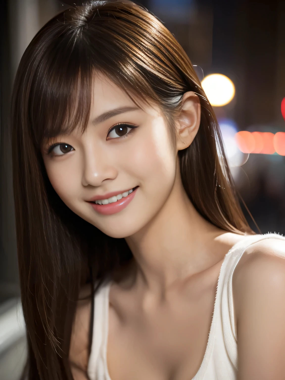 Close-up photo of the face、1 girl, (Elegant white bra:1.2), (RAW Photos, highest quality), (Realistic, Photorealistic:1.4), Tabletop, Very delicate and beautiful, Very detailed, 2k wallpaper, wonderful, finely, Very detailed CG Unity 8K 壁紙, Very detailed, High resolution, Soft Light, Beautiful detailed girl, Very detailed目と顔, Beautiful and detailed nose, finelyて美しい目, Cinema Lighting, City lights at night, Perfect Anatomy, Slender body, smile、Upper body photo、