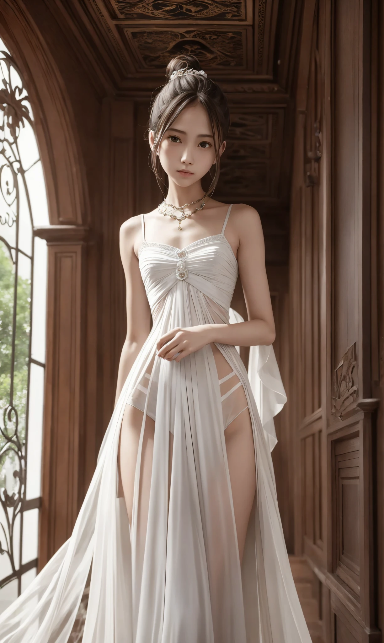  Unity 8K Wallpaper,  more details,  beautiful,  beautiful, masterpiece,  top quality, vibe, mystery, Romanticism, literature, art, fashion,  Victorian, Decoration, Complexity, Ironwork, race, meditation, Depth of emotion,  Supernatural, 1 girl, white skin,White Shoulders,Narrow shoulders,Thin arms, slender waist, bun hair 