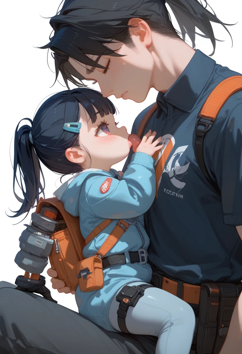 "A young boy with bright black hair , bright skin, and the soft expression , wearing future clothing , grey clothes.  The boy kissing a girl , ponytail , pouch , belt .  The white background , gives full focus to the character of the boy , cute chibi , hair clip ,"