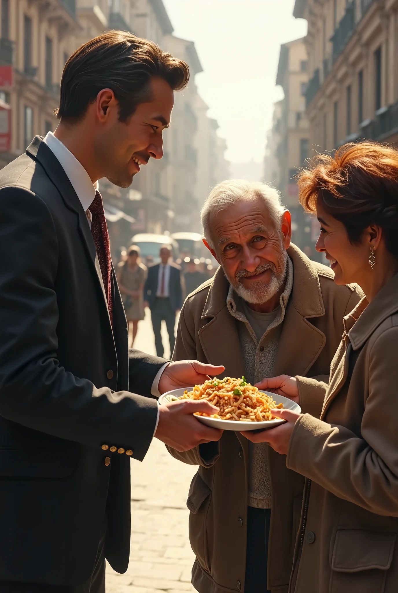 A scene of people helping each other—a man sharing food with the homeless, a child giving a hug