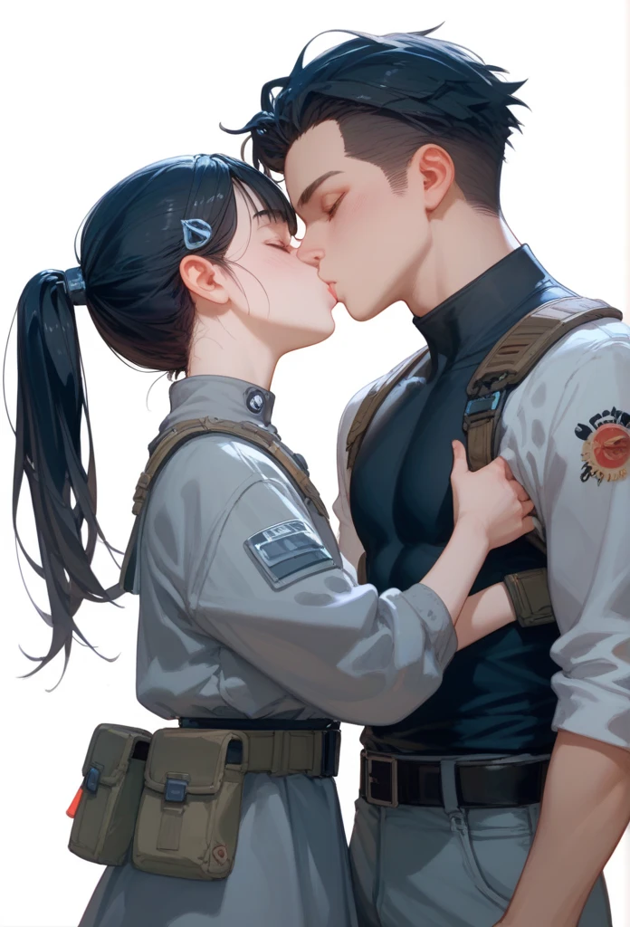 "A young boy with bright black hair , bright skin, and the soft expression , wearing future clothing , grey clothes.  The boy kissing a girl , ponytail , pouch , belt .  The white background , hair clip ,"