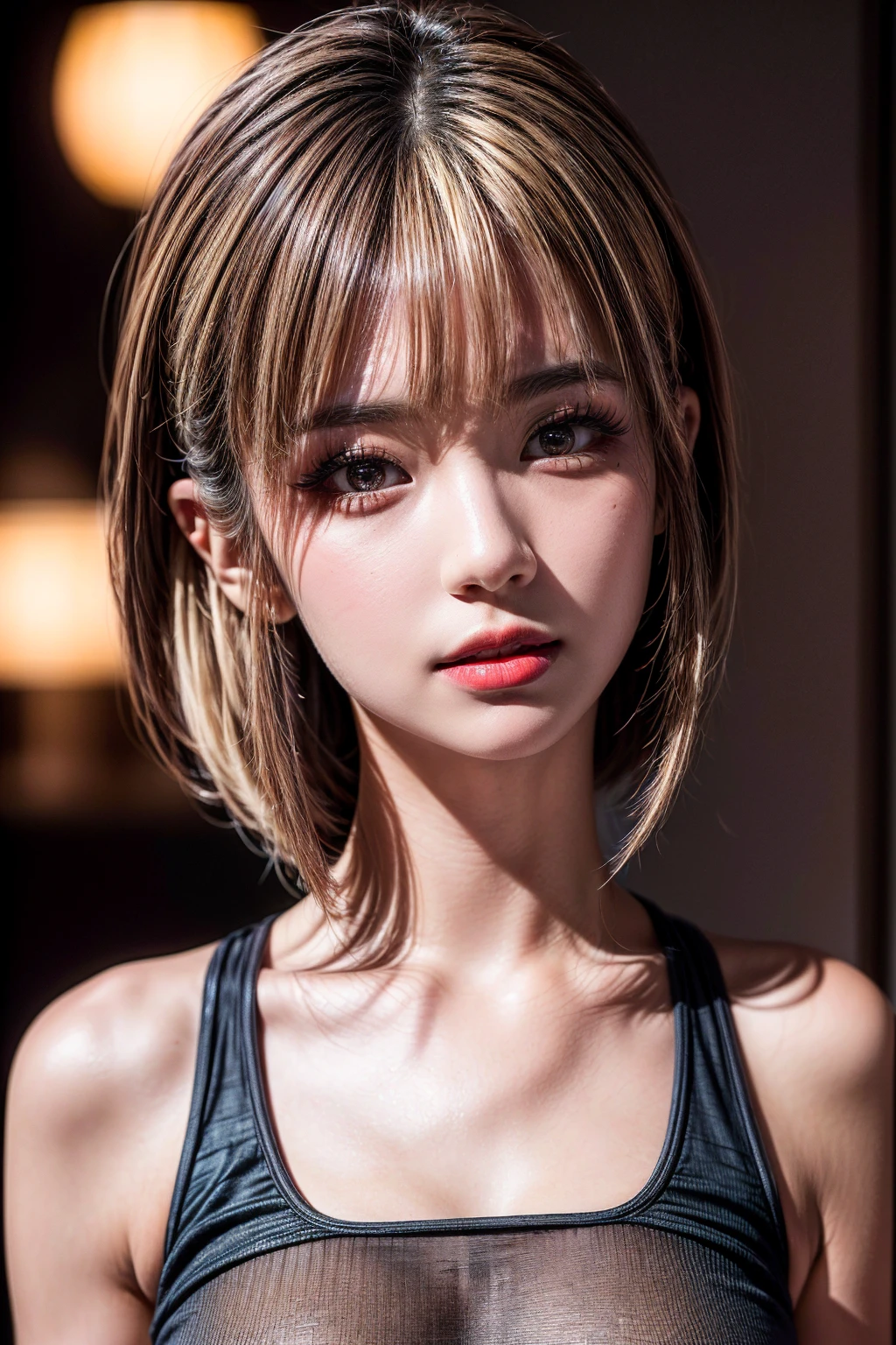 (8K, Raw photo:1.2),Detailed face and eyes,Best Quality, 超A high resolution, Highly detailed ,intricate detailes ,masutepiece ,Cute Girl , Soft cinematic light, Hyper-detailing,Sharp Focus, High quality,a blond, bob cuts,Bob Hair, tits out, Highkick　piece sign