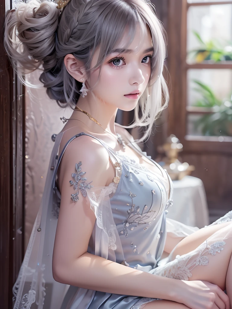  Purple Lace Song     &   good, (((   Very Elegant and Beautiful ,  perfect detail,    very detailed))), whole body,    The most detailed girl   ,   Depth of the Boundary , 美しく詳細なwhole body, Thin legs,    1 girl, 30 years old,    very short hair  ,   spike hair ,    Put the ,    beautifully detailed hair   ,  完璧なface,   expressionless, Beautifully detailed deep eyes,      gold ornament on the chest of your right hand in your mouth with gray and silver hair、Gold Wall  ,   Delicate arms and hands  ,   blue-white skin,   Earrings for single women ,    beautiful nice necklace   ,   colorful background, HD Backgrounds,    blurry background ,     very delicate and beautiful   ,   Masterpiece , (((    Top Quality ,     very beautiful 8K CG Wallpaper  ))), (((  Trendy hairstyle))), ( face,   stylish interior  ,   window  ),((( and raise your leg、 thighs、 thighs、 thighs1.5)))、