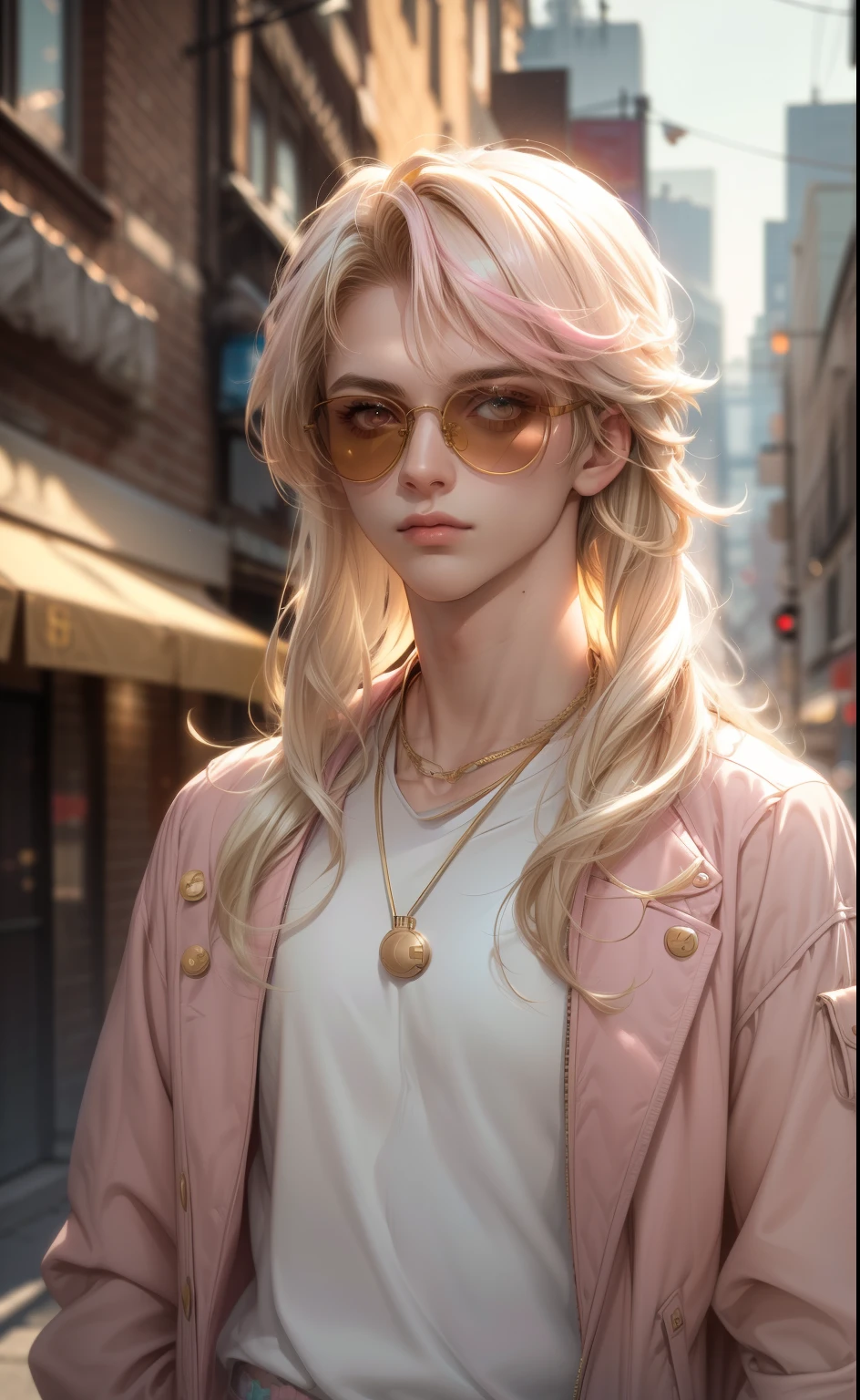 (masterpiece,best quality,ultra_detailed,highres,absurdres),1boy, male focus, solo, blonde hair, long hair, pastel pink jacket, white shirt, ((casual clothes:1.0)) golden necklage, city background, pink sunglasses, upper body, long hair, looking at viewer, parted lips, round eyewear, long sleeves, gucci clothes (looking front:1.2)