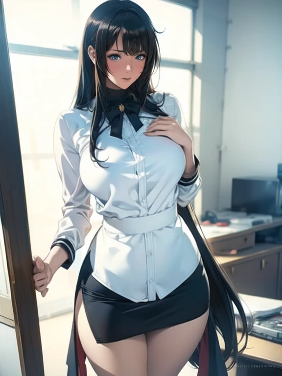 Photorealistic, high resolution, A Japanese Police woman named Kimmi, solo, heavy makeup, Hips up, (standing) (Detailed face), Black hair, Long hair, purple and white corset, white lace Panties , purple micro skirt, fishnet Stockings. Fully clothed.
