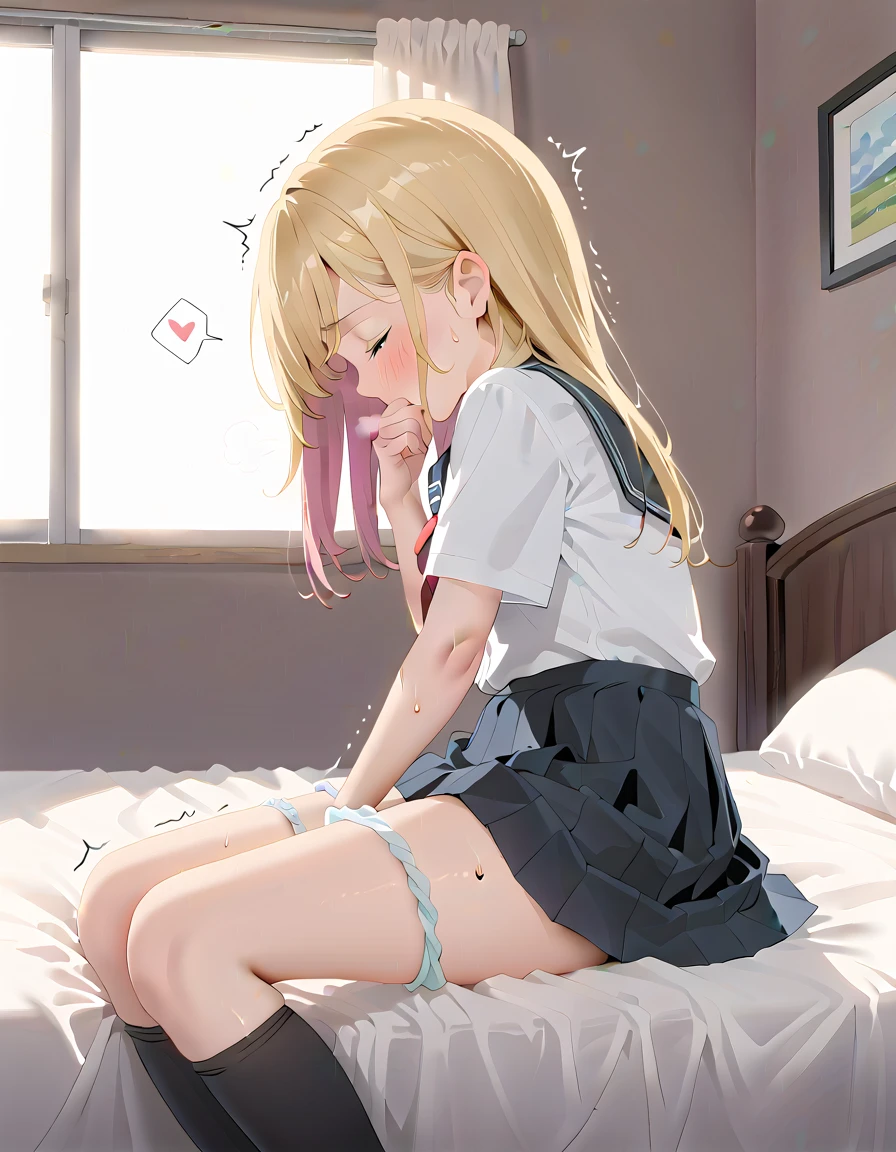 (masterpiece,beautiful,hughres,CG,8k,16k,best quality,high-resolution,detailed fingers,detailed hands,detailed legs,detailed eyes:1.5),anime,source anime,illustration,face focus,(from side:1.6),(2girls:1.5),(evening,indoor,one&#39;s home,bedroom:1.5),(sunset:1.3),shadow,(on the bed:1.4),(head down:1.2),(girl on the left(blonde hair):1.5),(girl on the right(pink hair):1.3),( thighs:1.4),(school uniform,white shirt,pleated skirt,black skirt,black thighhighs:1.3),small breasts,(panties pull,panty pull:1.3),sitting,(My legs,knees to chest,folded,knees together feet apart:1.4),leg up,(profile:1.2),(back-to-back:1.5),hand over own mouth, covering own mouth,(female masturbation:1.4),( fingering:1.2),(female orgasm, female :1.4),(pussy juice:1.2),(trembling:1.4),(gasping,heavy breathing,blush:1.5),(impatience1.1),flustered,(fidgeting around:1.4),(steam:1.2),(sweat skin,sweat:1.4),(streaming tears:1.3),(drooling:1.1),(looking away:0.5),(looking down:1.4),(spoken heart:1.4),(closed eyes:1.6),open mouth