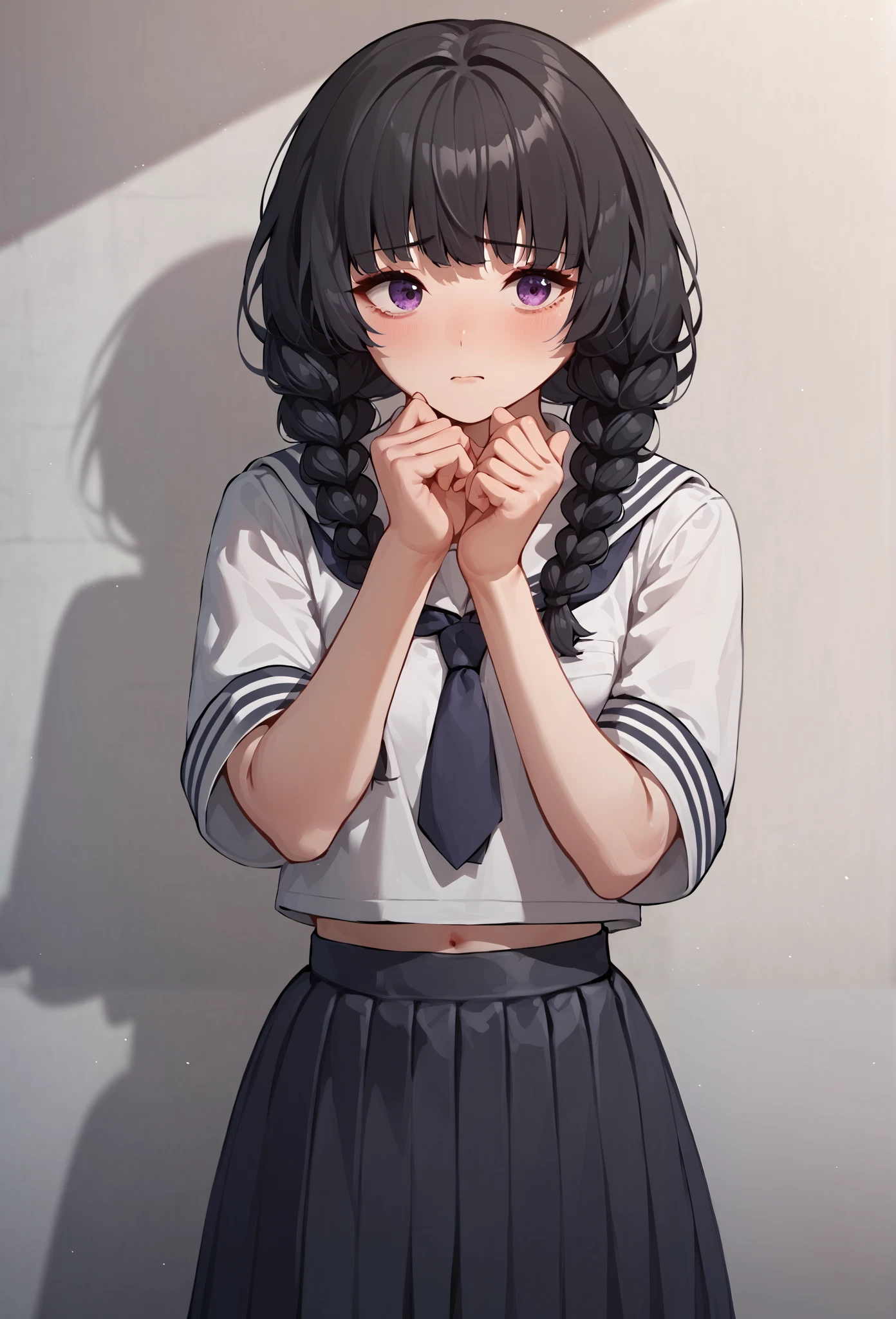  1girl, black hair, medium hair, twin braids, purple eyes, hime_cut, white sailor suits, navy tie, black skirt, small breasts, skirt, shy, in the school, 