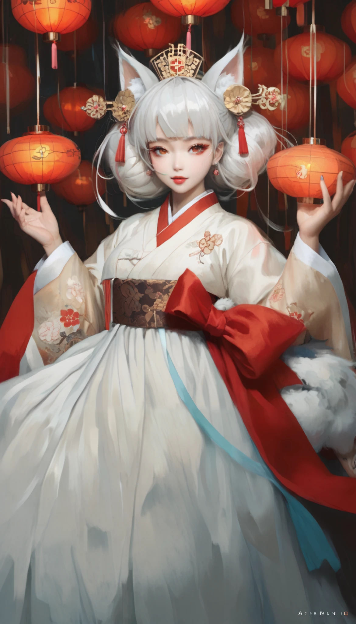 (masterpiece,  best quality :1.2), 1 woman,  alone, Gumiho, 여자 Gumiho,  Korean girl, Fox ears, fox tail, Hanbok,  white hair, Joseon dynasty houses, ( huge boobs :1.4), 