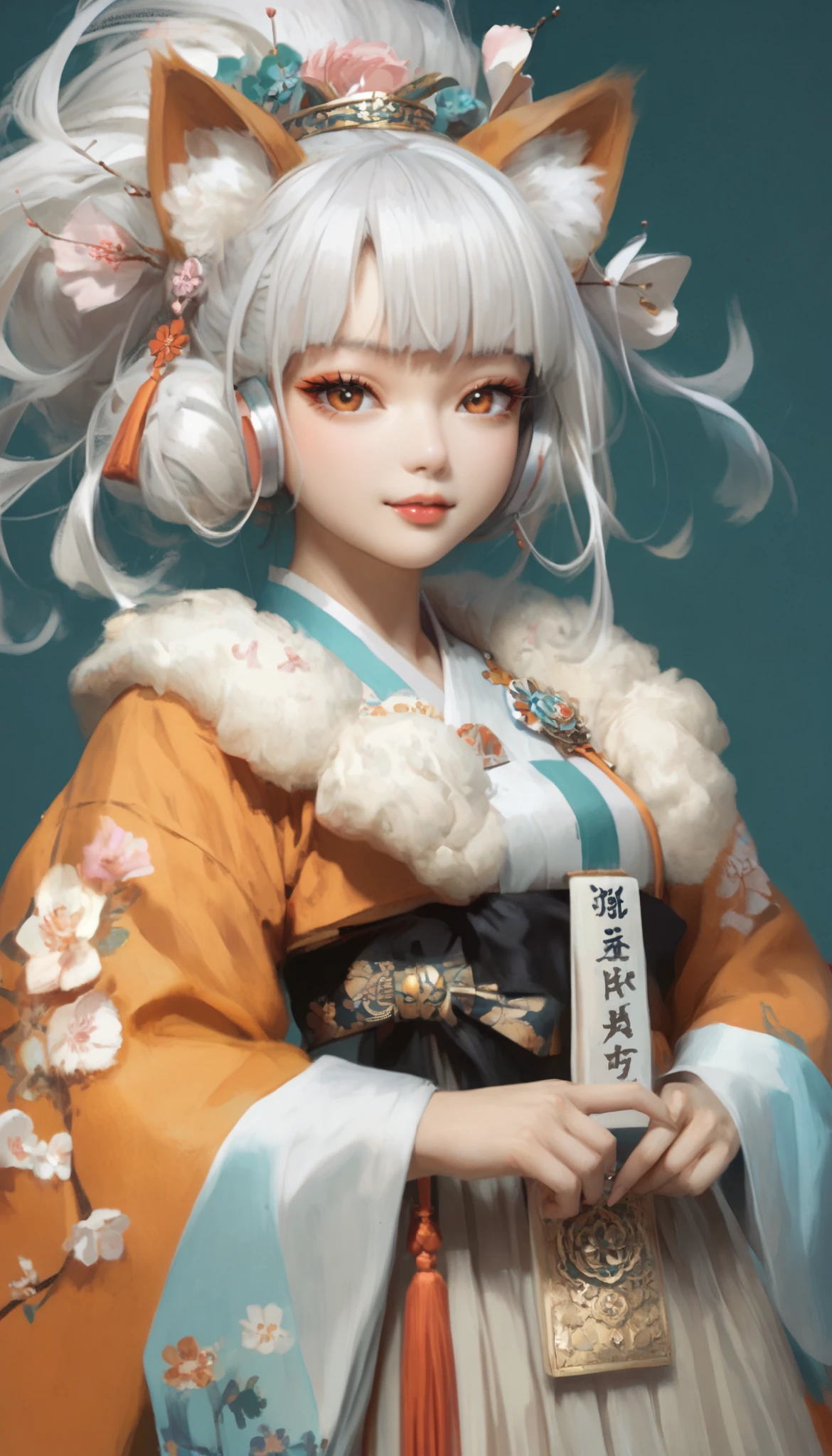 (masterpiece,  best quality :1.2), 1 woman,  alone, Gumiho, 여자 Gumiho,  Korean girl, Fox ears, fox tail, Hanbok,  white hair, Joseon dynasty houses, ( huge boobs :1.4), 