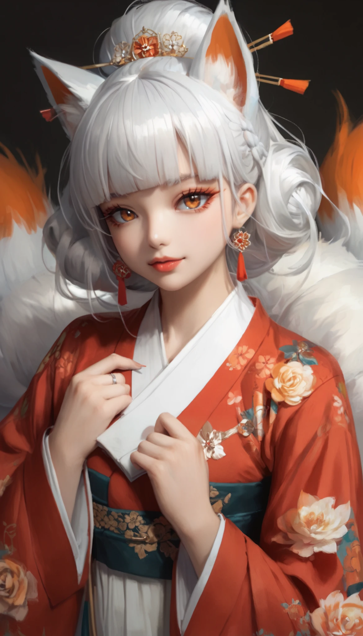 (masterpiece,  best quality :1.2), 1 woman,  alone, Gumiho, 여자 Gumiho,  Korean girl, Fox ears, fox tail, Hanbok,  white hair, Joseon dynasty houses, ( huge boobs :1.4), 