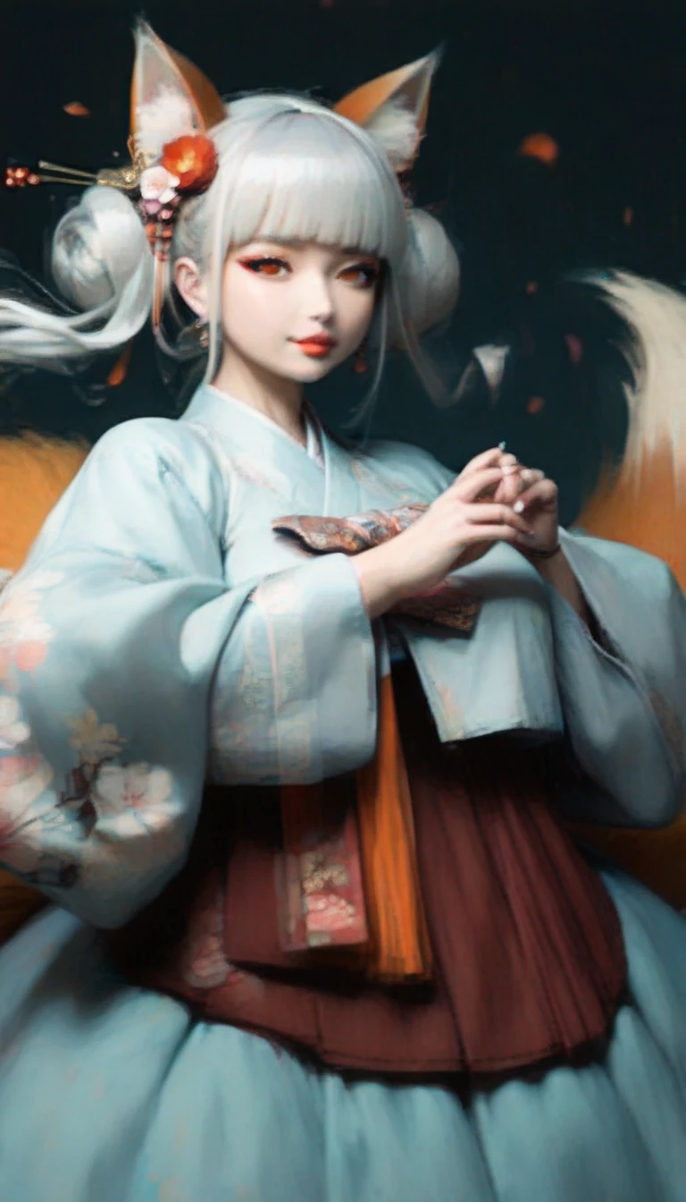 (masterpiece,  best quality :1.2), 1 woman,  alone, Gumiho, 여자 Gumiho,  Korean girl, Fox ears, fox tail, Hanbok,  white hair, Joseon dynasty houses, ( huge boobs :1.8), 