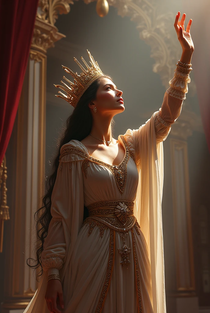 Queen Esther praying on her knees with her hands to the heavens and a light from heaven shining upon her