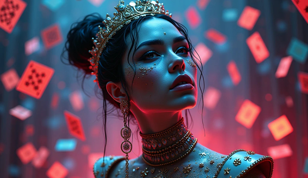 scarlem (low angle shot) woman sitting in cave, tiara choker, throne, medium-shot, cleavage, mystical radiant subsurface scattering highres detailed best-quality masterpiece high saturation [vibrant colors]