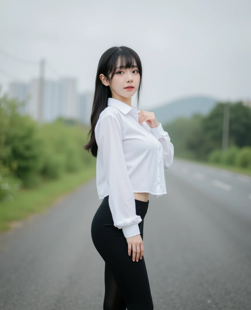 1 Girl,roadside,Soft Light,Chinese Beauty,tight skirt,Dark-haired