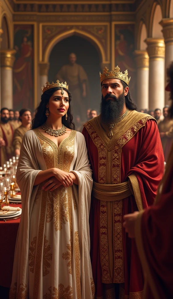 a table with the king and queen of Persia with their crowns also add sitting at the table with them an officer of the king of Persia with a turban make them with golden cups in their hands leave only the three characters on the scene