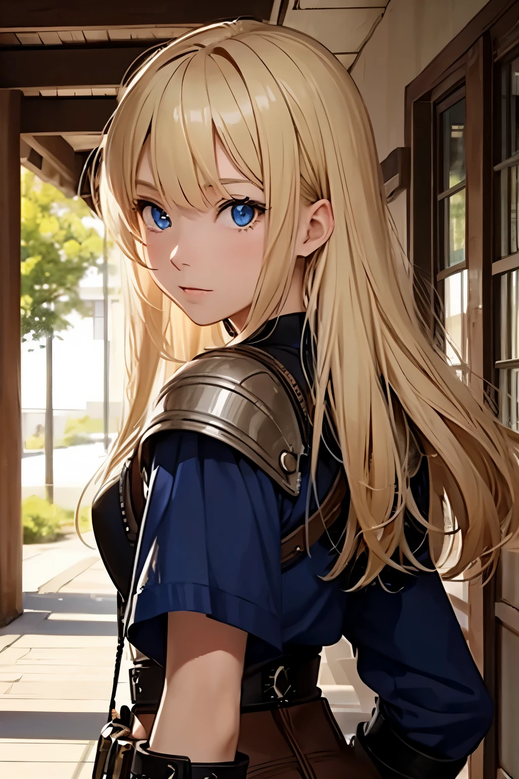 18 year old female solo (Blonde、 blue eyes、),Adventurer's Outfit(Black,belt,dagger)、 medieval European city gate、 HD、 High Quality