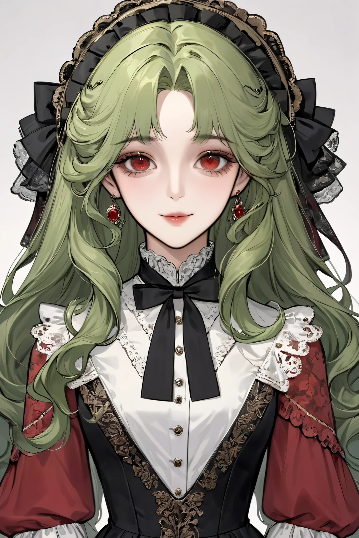 (extreamly delicate and beautiful:1.2), 8K,(masterpiece:1.0),(best_quality:1.0), 1 girl, and intricate detailing, Enlarged textures, and intricate detailing, finely eye and detailed face, and intricate detailing, green long curl hair, (sweet smiley), Perfect eyes, Equal eyes, red eyes (A famale god) with georgian victorian dress, look at camera, green long HAIR, Red EYES, green long curl HAIR, red EYES, Full body, with georgian victorian dress, no hairpin, ago, perfect body