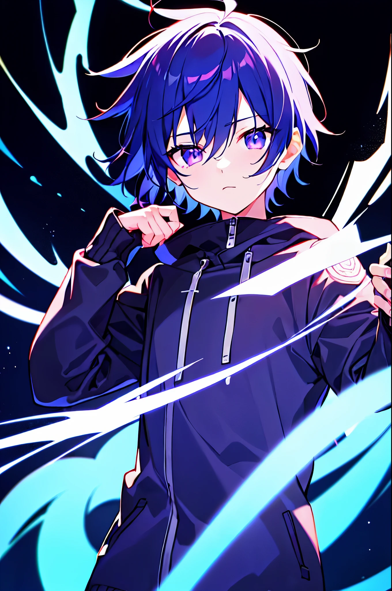 [(BLACK BACKGROUND:1.5),::5], ((((masterpiece)))), high quality, ultra very high resolution, full color, (((solo))), ((little boy)), black hair, ((blue colored inner hair)), ((purple eyes)), anime, ((upper body)), neon light, black parka, (lightning effect:1.2), (Blood effect:1.5)