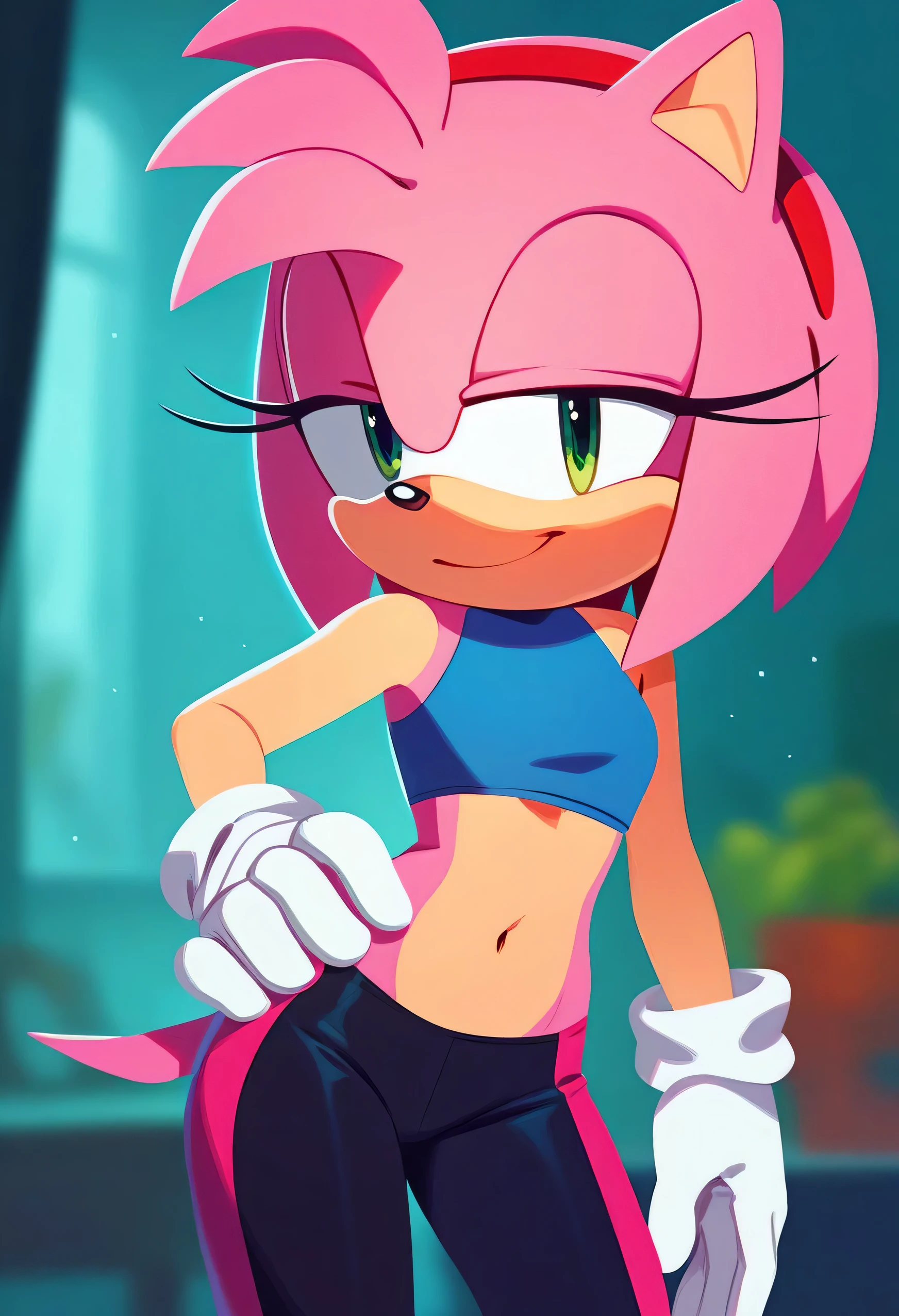 ((sonic (series))), 1girl, solo,  sonic (channel style), flat color,  amy rose, pink fur, red headband,  small breasts, green eyes, looking at viewers, bare shoulders, a blue ruffle off the shoulders shirt, a blue top, navel, black leggings, indoors, dance class, half-closed eyes, white gloves, one hand on hip, cowboy shot, smile
