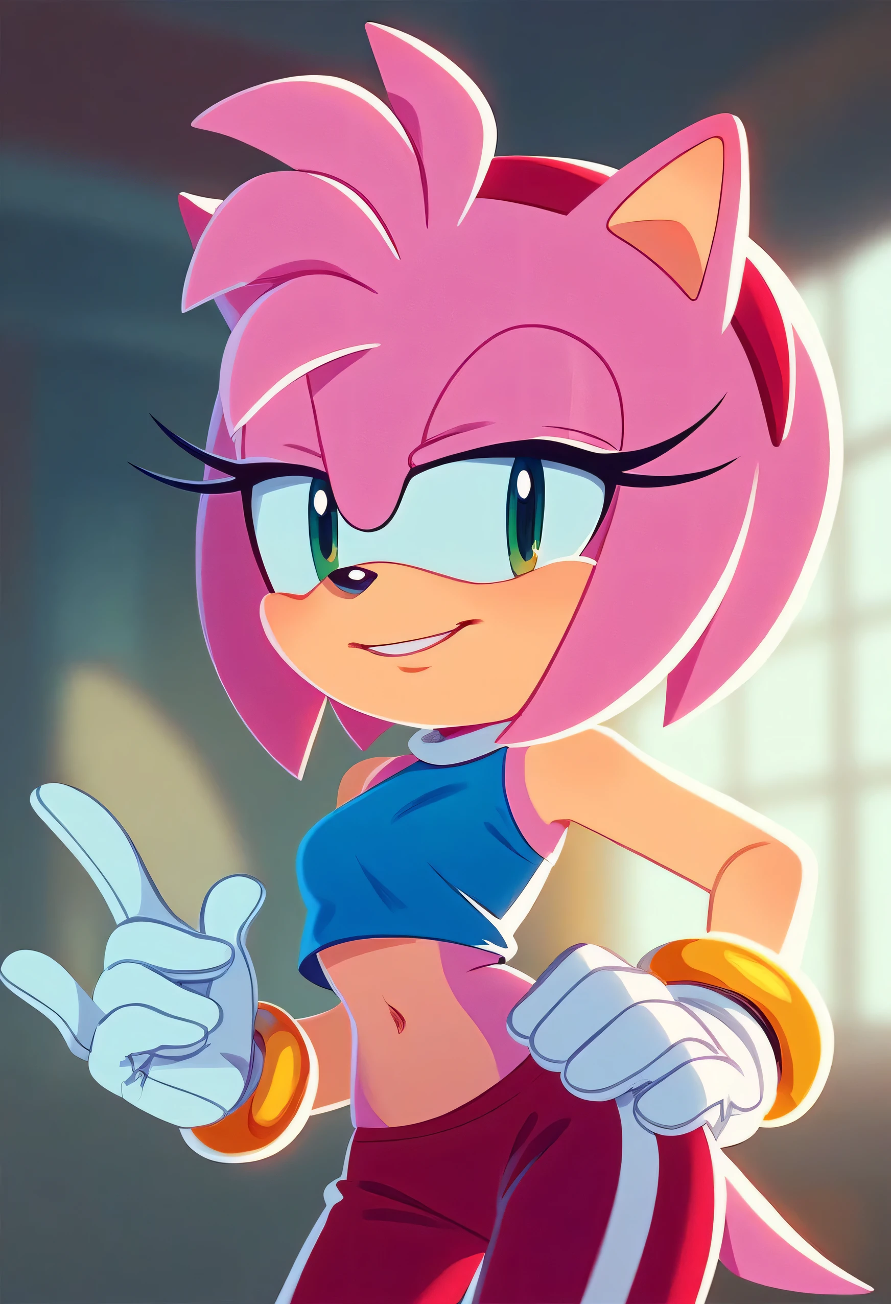 ((sonic (series))), 1girl, solo,  sonic (channel style), flat color,  amy rose, pink fur, red headband,  small breasts, green eyes, looking at viewers, bare shoulders, a blue ruffle off the shoulders shirt, a blue top, navel, black leggings, indoors, dance class, half-closed eyes, white gloves, one hand on hip, cowboy shot, smile