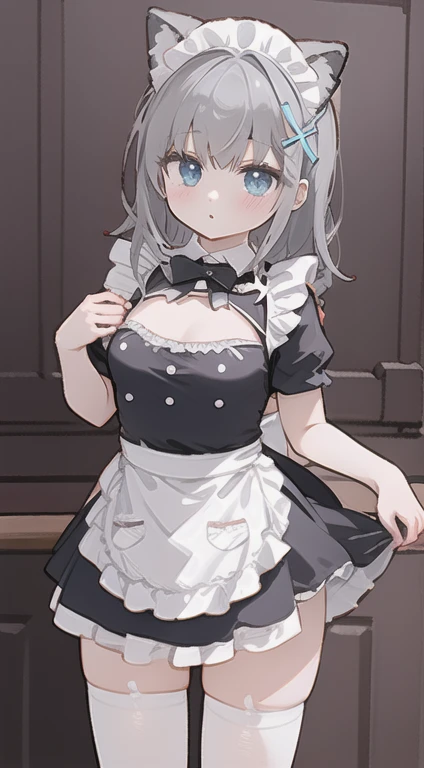 highest quality、masterpiece、((1 girl))、((smile))、(blush:1.5)、black shirt、blouse、((fun!!))、(small breasts)、(Cat ear:1.3)、(silver hair)、()、((white apron:1.5))、((maid))、((hair ornaments)),、Kamimei、look at me、 ((in house:1.5))、 Take a break to watch the audience、cowboy shot、(skirt lift:1.3),(highly detailed white panties:1.3)、(highly detailed panties:1.3)、、(スカート that rolls up:1.3)、(fully exposed panties:1.5)、light blue eyes、long hair