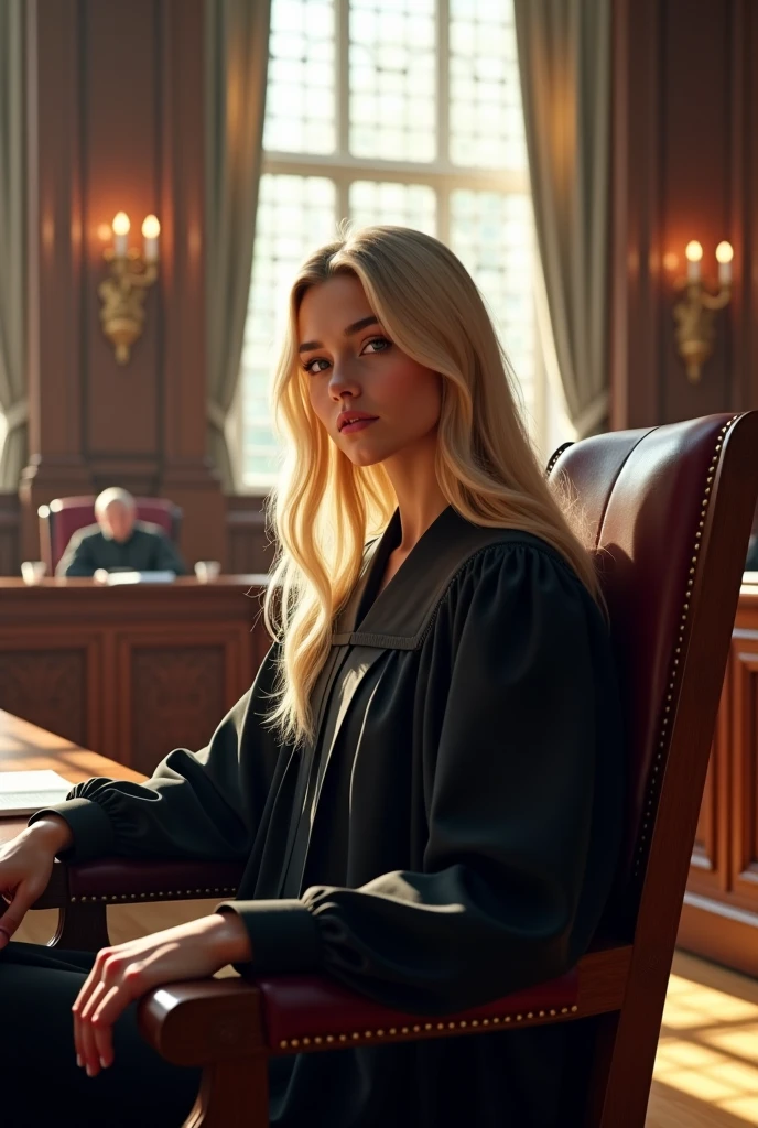 A young European blonde woman, approximately 22 years old, seated in a prominent judge's chair at the front of a large, grand courtroom. The courtroom is spacious, with high ceilings, intricate wood paneling, and large windows allowing natural light to flood the space. She wears a judge's robe, suggesting authority and professionalism, but her youthful features contrast with her formal attire. The scene includes desks and chairs for other legal personnel in the background, emphasizing the grandeur of the courtroom. The artwork is in a detailed and cinematic digital art style, inspired by Emma Andijewska, Simon Stålenhag, and Erwin Olaf, with a dramatic focus on light and shadows.
