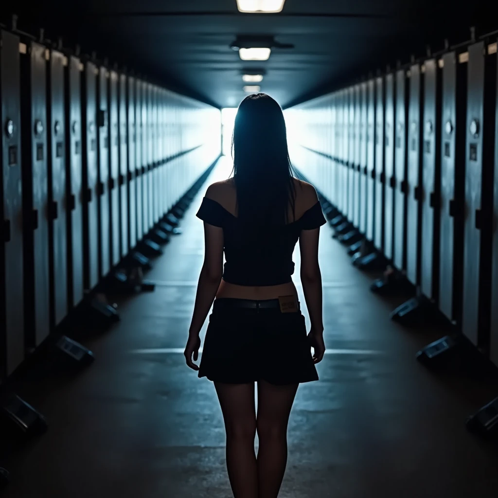 Highest quality, Masterpiece, ultra high definition, (realistic: 1.4), raw image, 1 woman,( Endless Corridor, back view,  dark at the end of corridor, 100 doors in along corridor , light trace to the end of corridor)