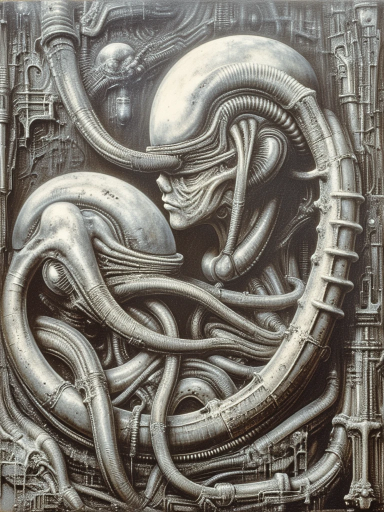 g1g3r, , The image is a detailed view of H.R. Giger's \" Li II \" plate, featuring The image depicts a surreal, otherworldly scene with intricate, organic-like architecture and figures that appear to be emerging from the structures. The space in this H.R. Giger-esque image is formed through a complex interplay of several visual techniques, creating a claustrophobic, layered, and ambiguous environment. Space in this image is formed by a combination of overlapping forms, lack of traditional perspective, flowing curves, high detail, ambiguous scale, and subtle lighting. These techniques work together to create a unique and unsettling spatial experience that is characteristic of Giger's work: a claustrophobic, organic, and biomechanical environment that feels both alien and strangely familiar.
 The most dominant feature is the dense overlapping and interweaving of organic and mechanical forms. Figures, pipes, tubes, and other structures merge seamlessly, making it difficult to distinguish where one ends and another begins. This creates a sense of depth and layers, but also contributes to the claustrophobic feeling as there's little empty space.
 There's no clear horizon line or defined vanishing point to establish traditional perspective. This further adds to the sense of disorientation and makes it difficult to gauge the scale and distance of the elements within the image. The space feels compressed and undefined.
Giger frequently uses smooth, organic curves and contours that flow into each other. These curves create a sense of movement and dynamism, but also further blur the boundaries between objects and spaces. The eye is led through the image along these curves, but there's no clear destination or resting point.
 The high level of detail and intricate textures across the entire image contributes to the sense of density and complexity. There are few areas of smooth, flat color or empty space. This creates a visually rich environment